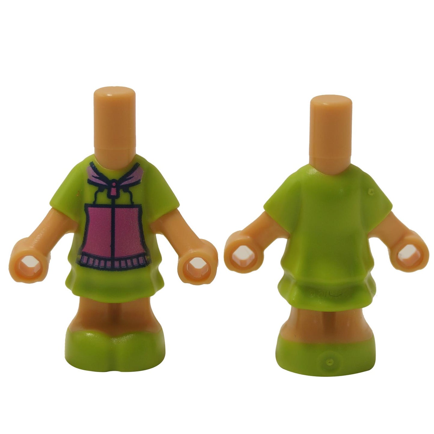 LEGO® Micro Doll Body – Lime Layered Dress with Hoodie Print (69969pb13). Features pink front print with a bow and layered skirt design. Perfect for LEGO® Friends and Disney micro dolls.