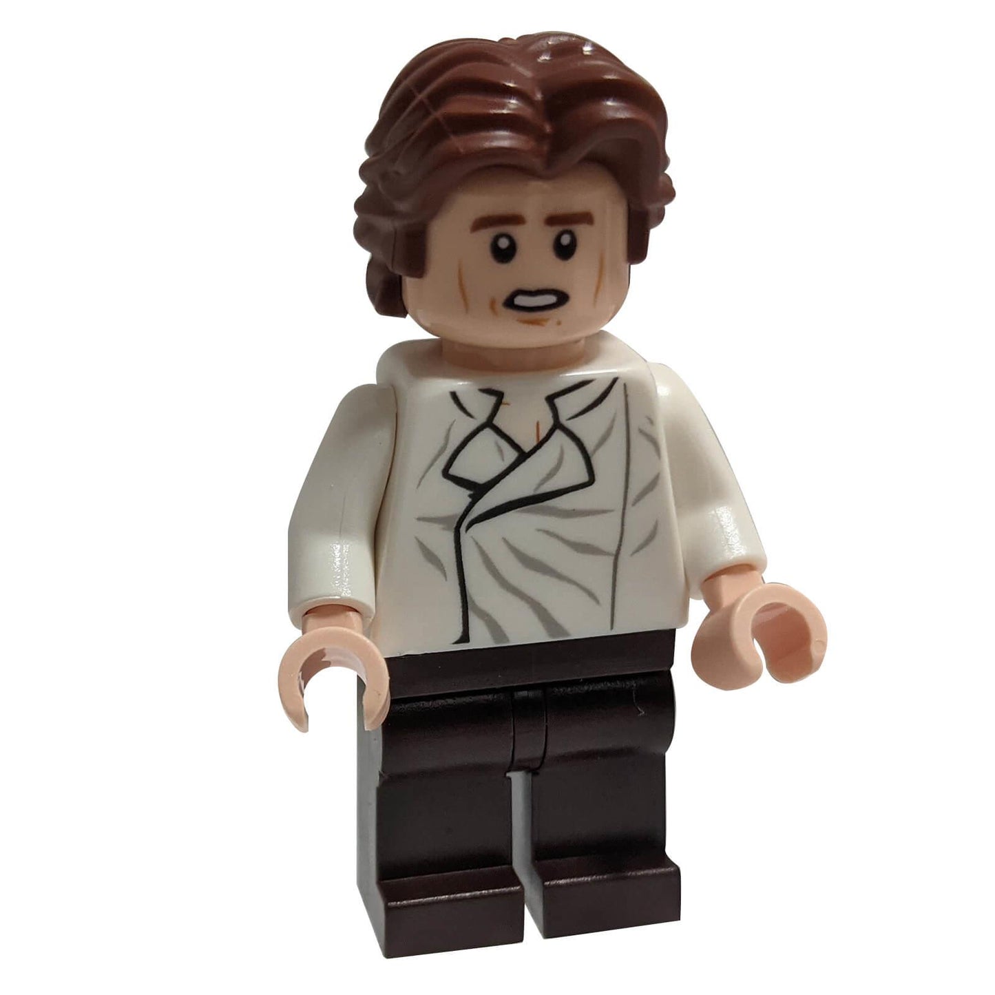 LEGO® Minifigura de Han Solo de Star Wars sw0823 con cabello castaño ondulado, camisa blanca de cuello abierto y pantalones marrón oscuro, basada en su apariencia clásica.