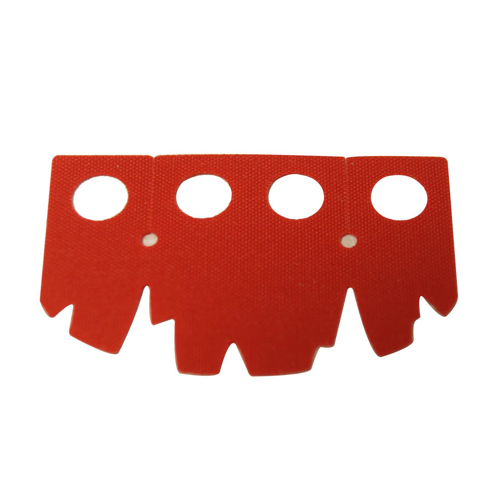 Close-up of a red fabric LEGO minifigure skirt piece with four circular neck holes and jagged, tattered bottom edges.