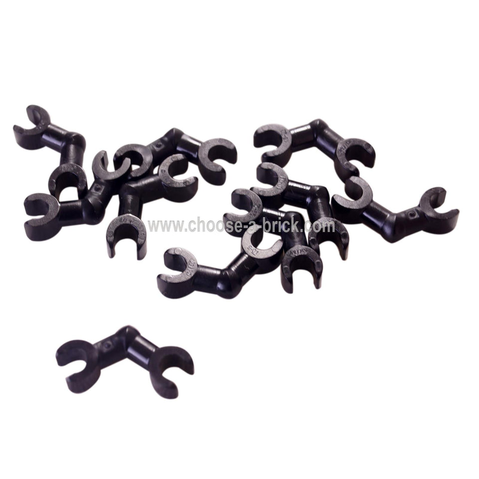 Bras de squelette LEGO courbé avec clips (93609), noir, vue de dessus.