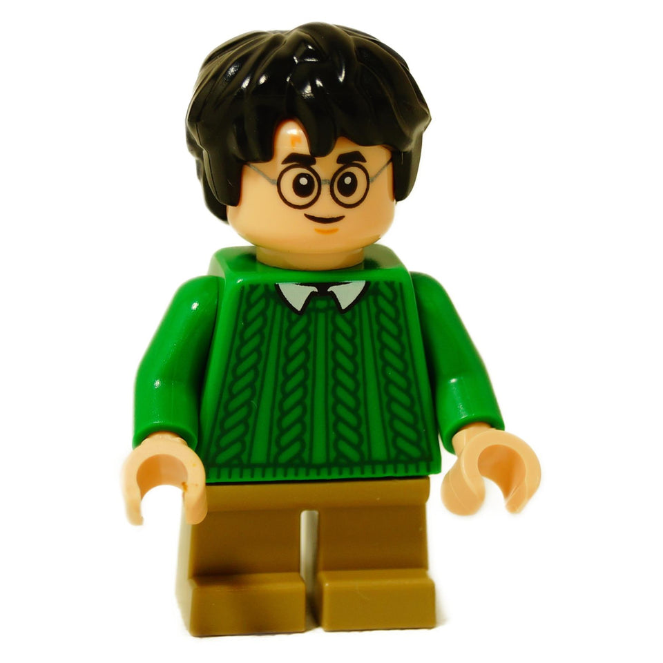 Vista frontal del minifigura de LEGO Harry Potter (hp475) con cabello negro, gafas y suéter verde.