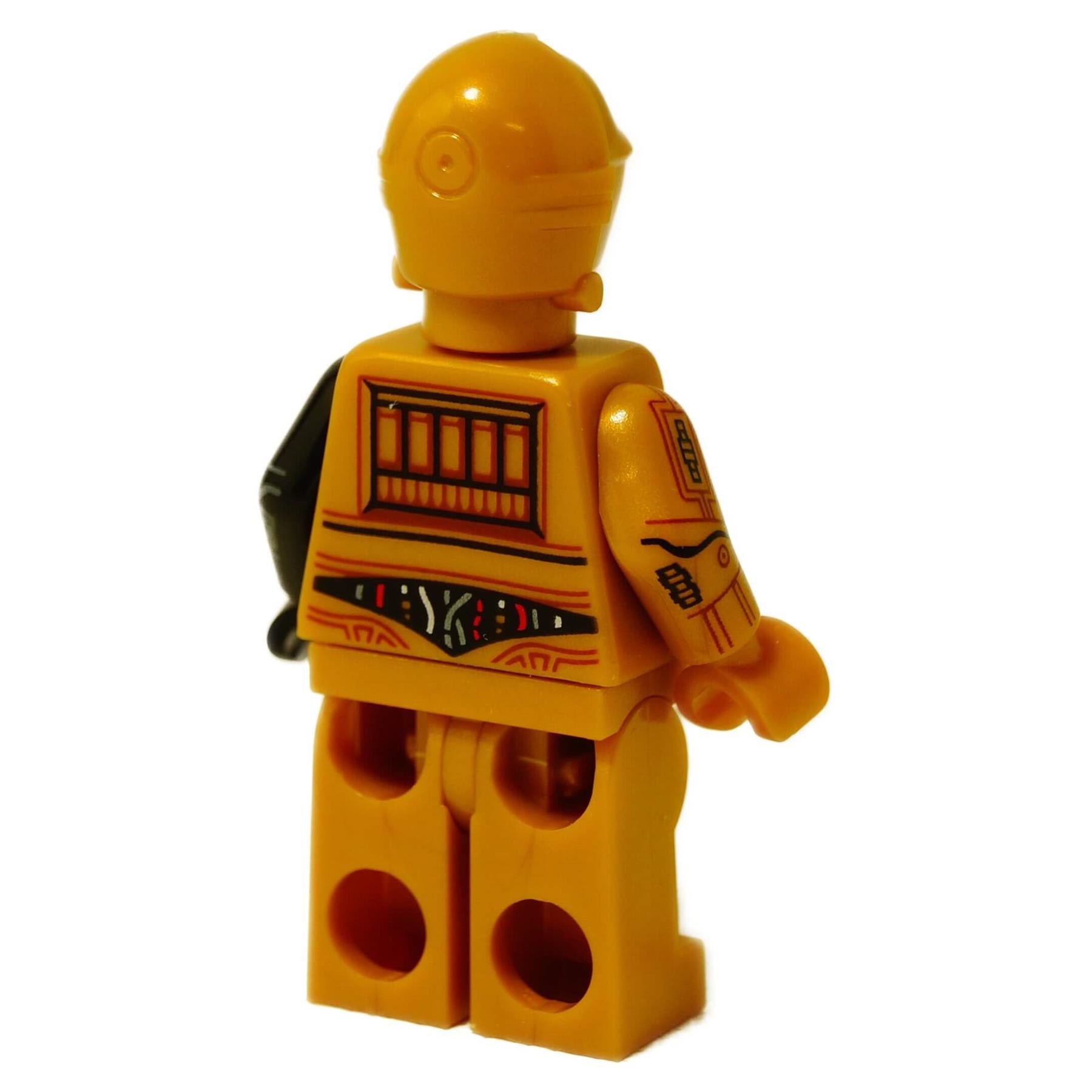 Back view of the LEGO Star Wars Bounty Hunter C-3PO minifigure (sw1368), showing the printing on the back of the torso and arms