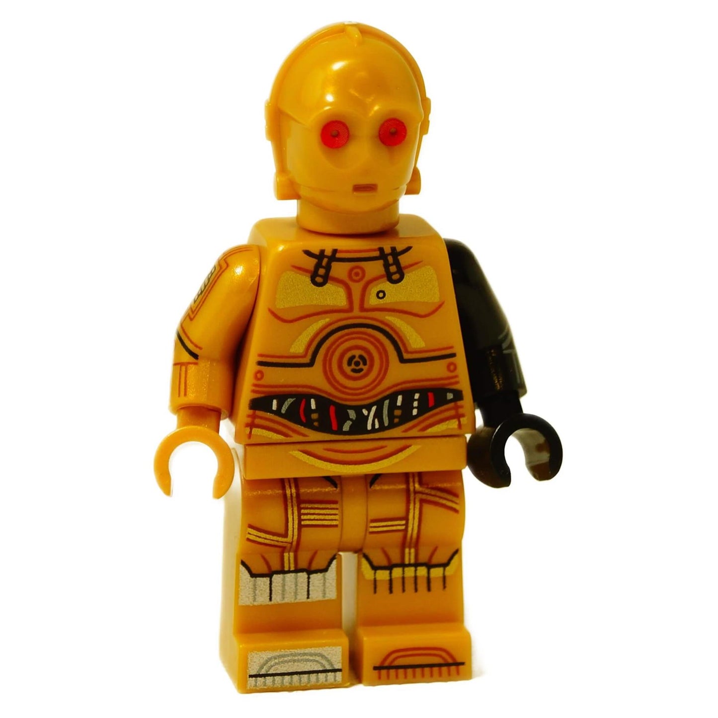 Front view of the LEGO Star Wars Bounty Hunter C-3PO minifigure (sw1368), highlighting its red eyes, black arm, and detailed torso printing.