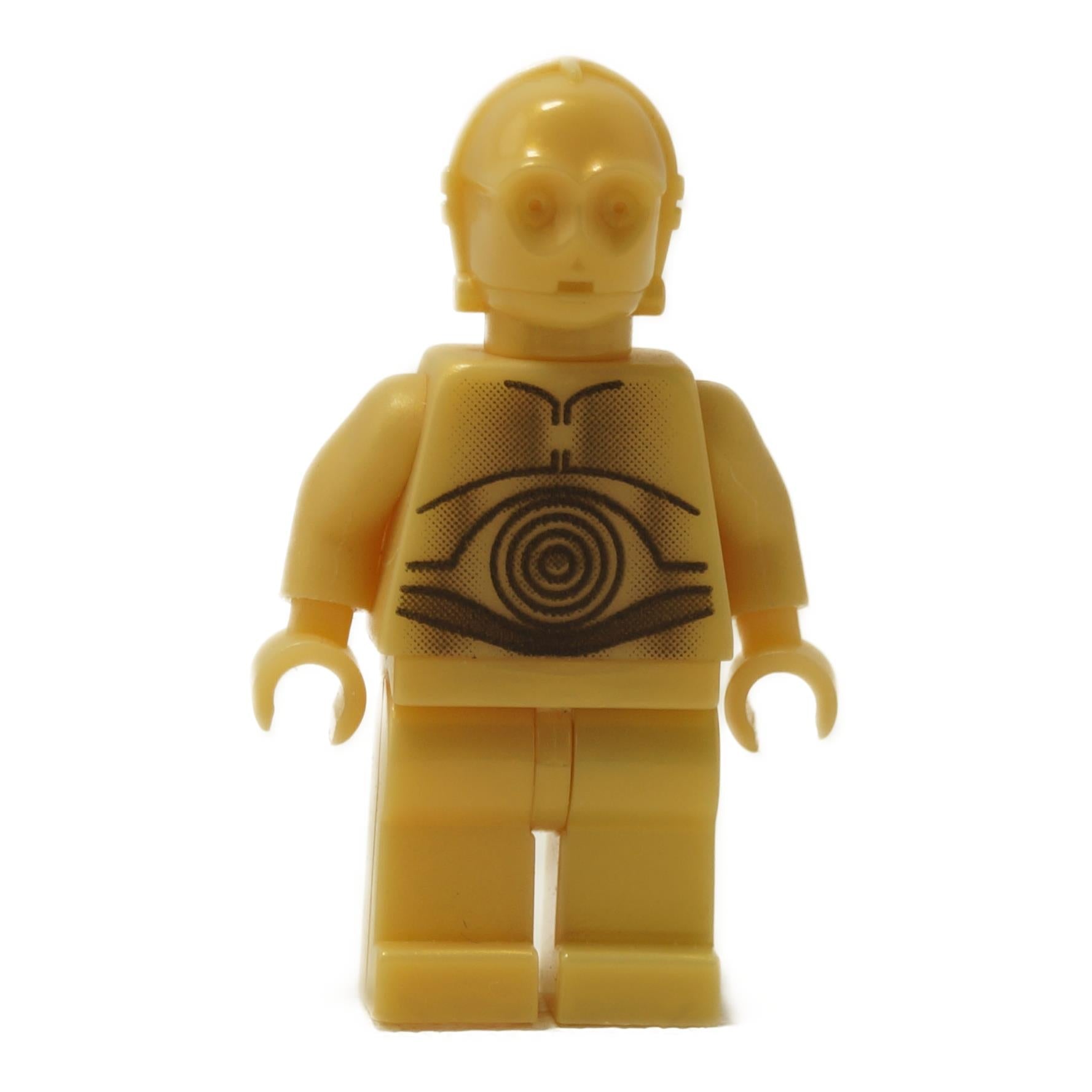 LEGO® Star Wars C-3PO minifigure (sw0161) in pearl gold with pearl light gold hands, featuring detailed torso printing of circuitry and plating patterns, displayed on a white background.  