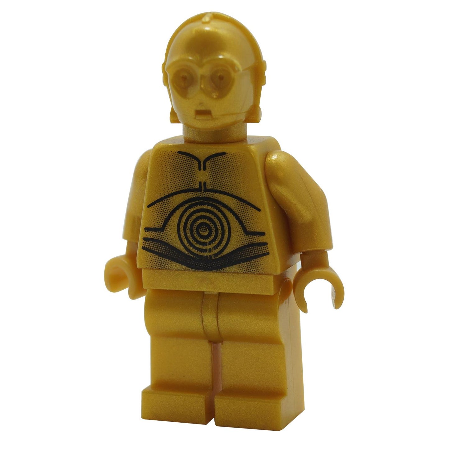 LEGO Star Wars C-3PO minifigure with pearl gold hands and classic droid detailing.