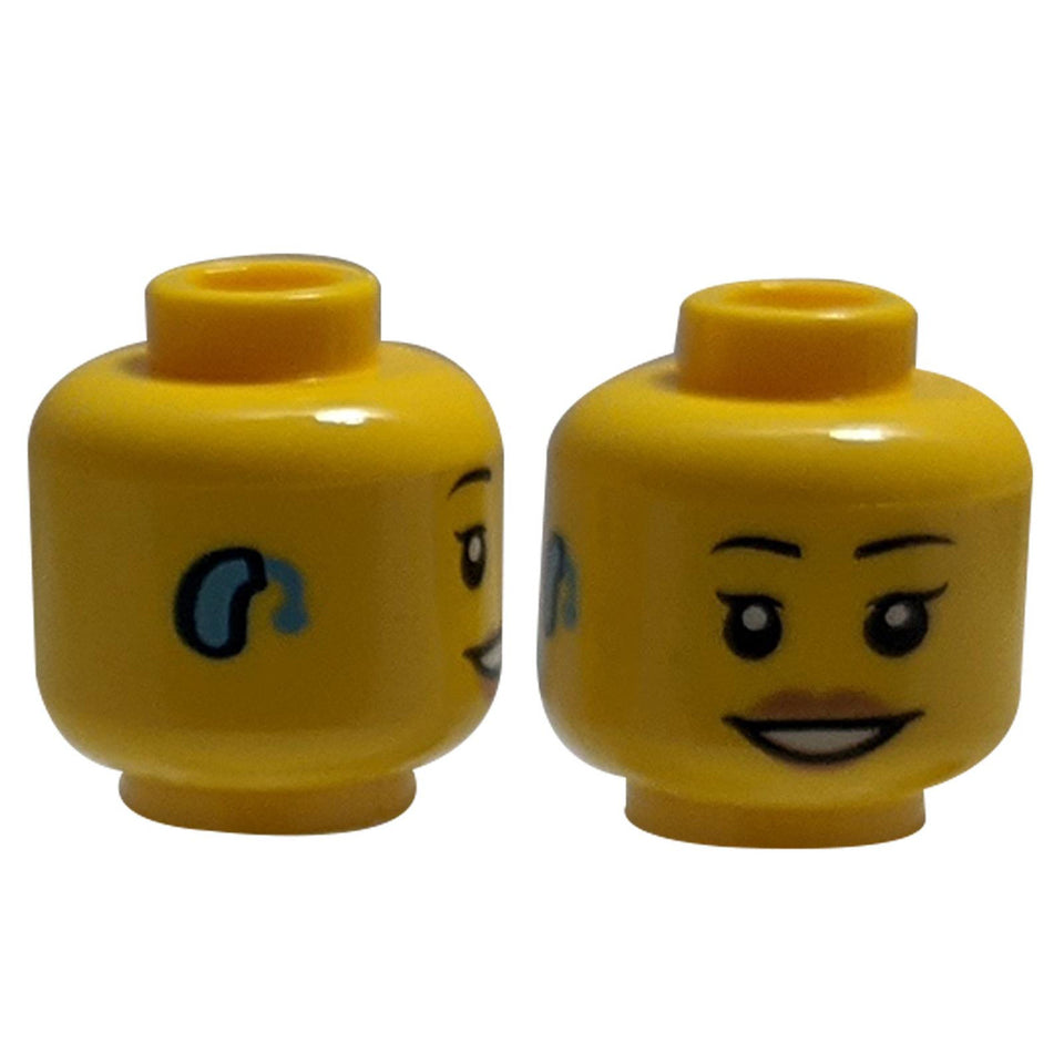 Minifigura, Cabeza Femenina Negro Cejas, Turrón Mediano Labios, Sonrisa con Boca Abierta y Dientes, Patrón de Audífono - Stud Hueco