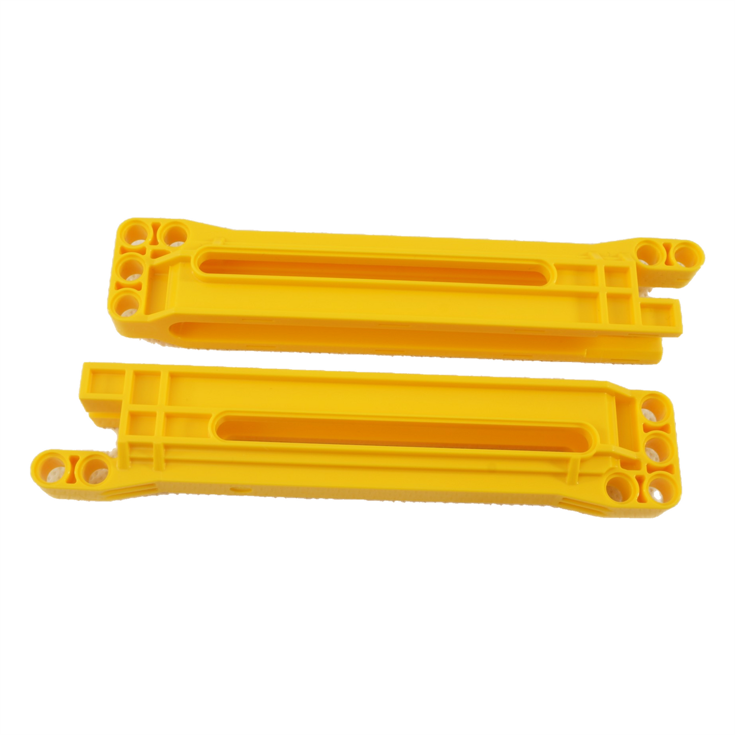 Amarillo LEGO Technic Gear Rack Housing 1x14x2 (18940) — pieza estructural Technic brillante compatible con mecanismos de riel de engranaje.  