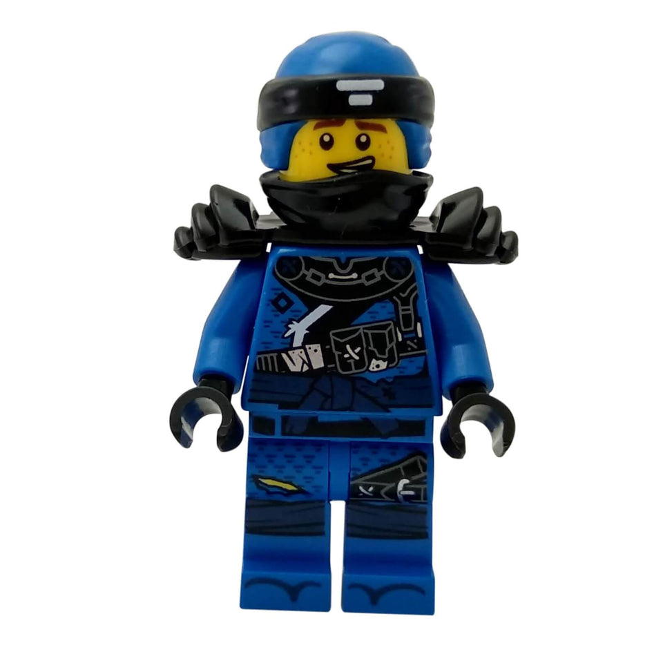 LEGO® NINJAGO Jay minifigure njo459 from the Hunted series, wearing detailed blue ninja armor with black shoulder pads and a black neck guard.