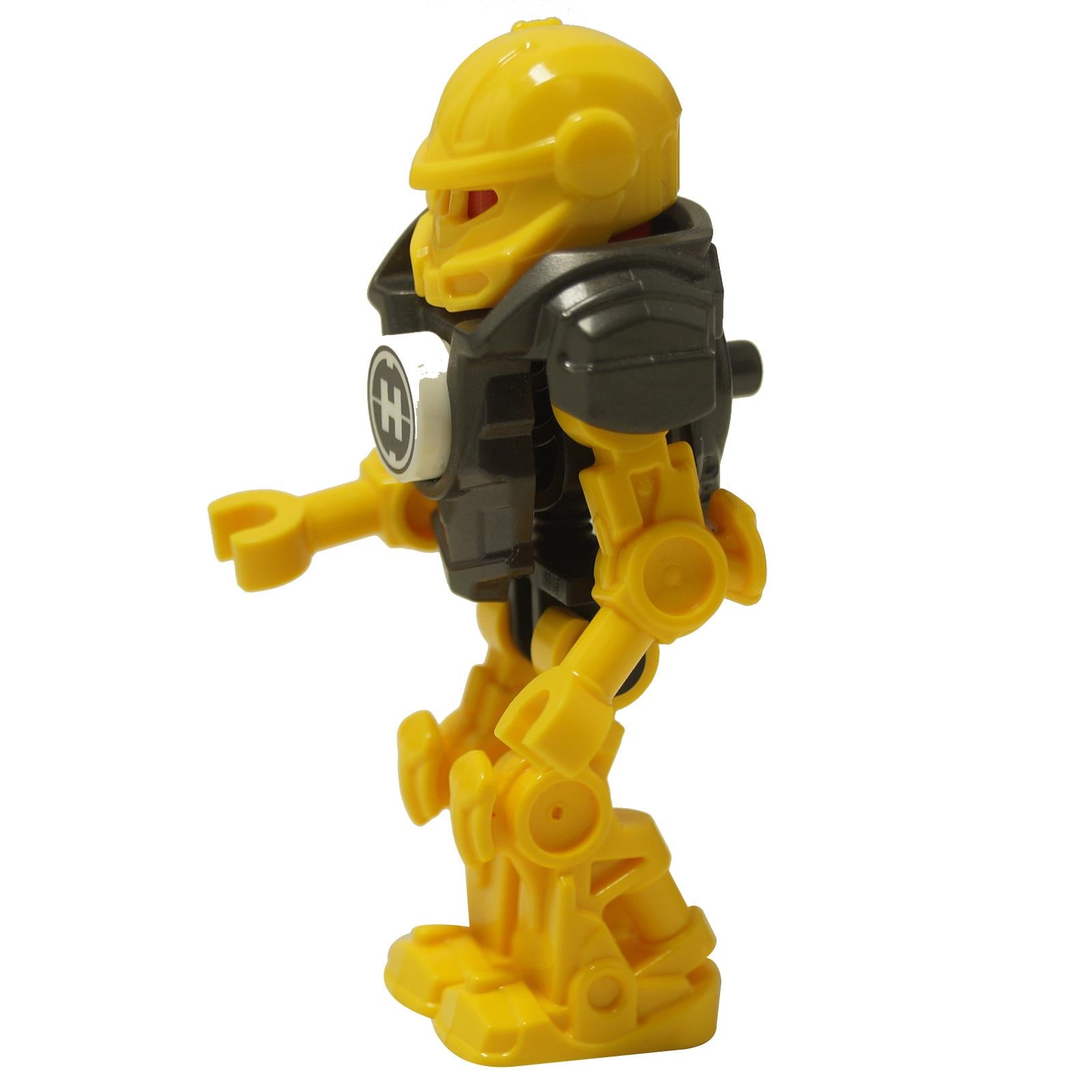 LEGO® Hero Factory Mini – Evo (hf017) side view, showing the yellow armor, black shoulder plating, and mechanical arm design. Displayed on a white background.  