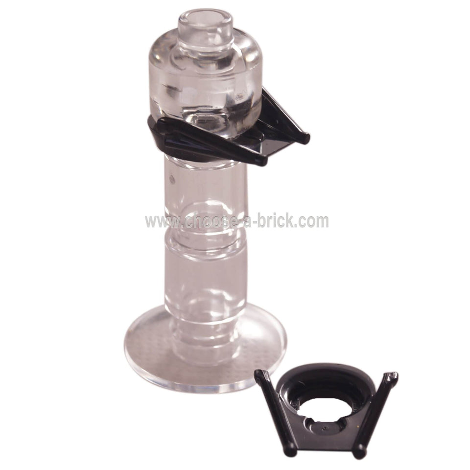 Two black LEGO Darth Vader Helmet Lower Jaw pieces (19917). One is attached to a clear minifigure stand neck.