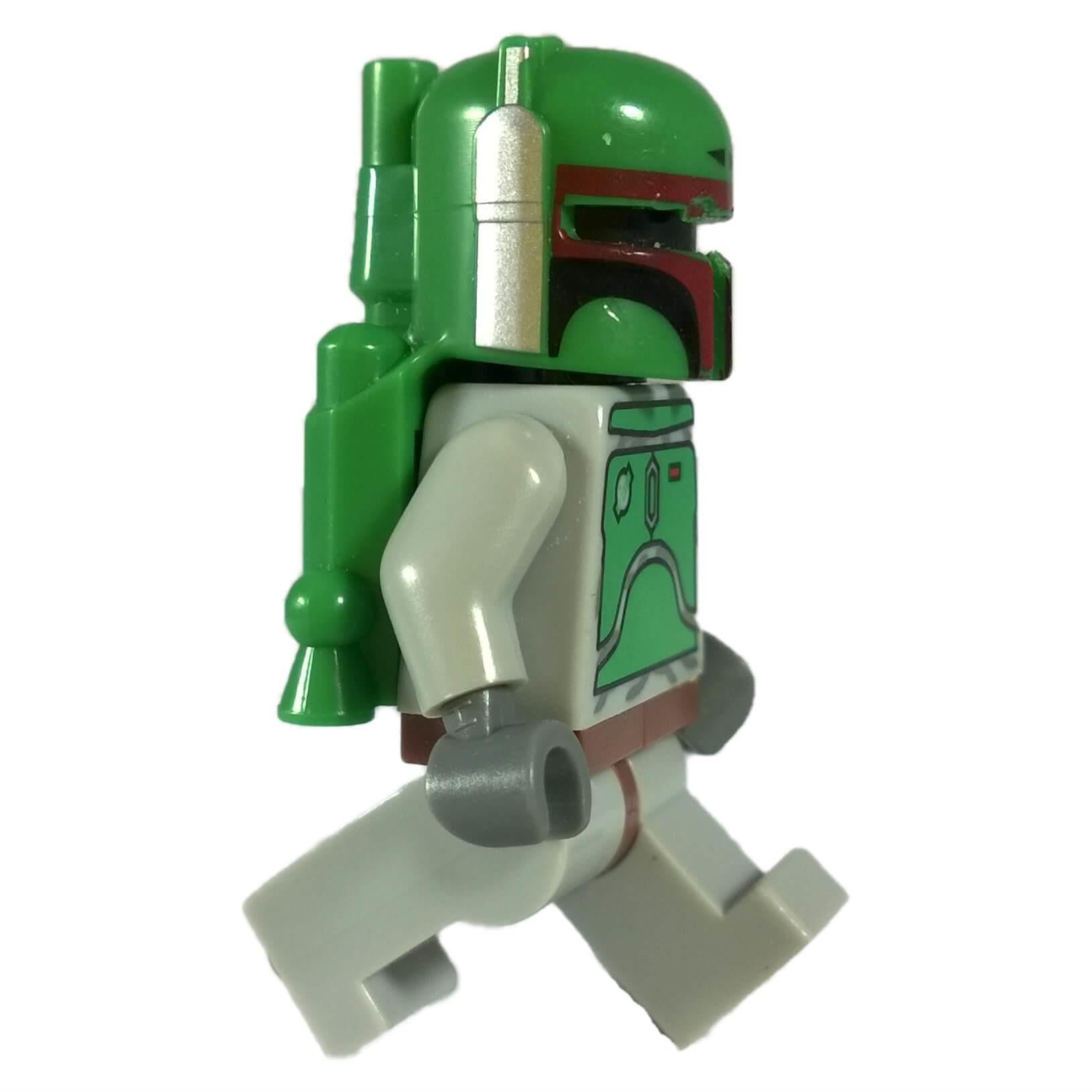 LEGO® Star Wars Boba Fett minifigure (sw0002b) walking pose with jetpack and green armor details.