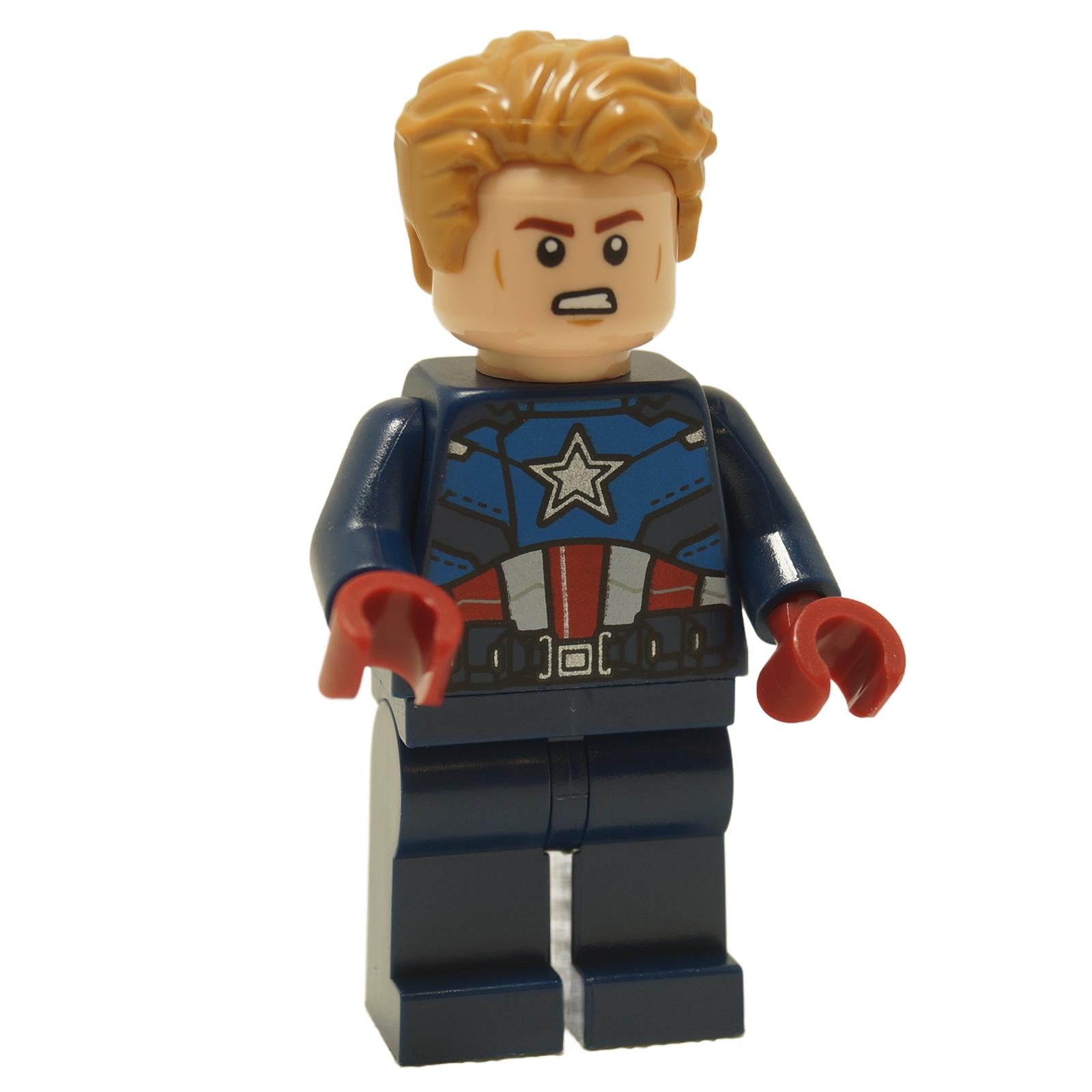 LEGO Captain America minifigure with dark blue suit, dark red hands, blond hair and angry expression sh0908