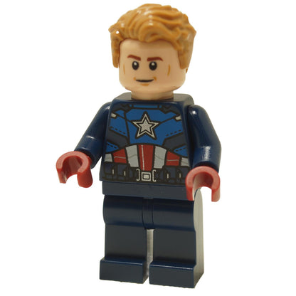 LEGO minifigure of Captain America in a dark blue suit with a star emblem on the chest, red gloves, and blonde hair.