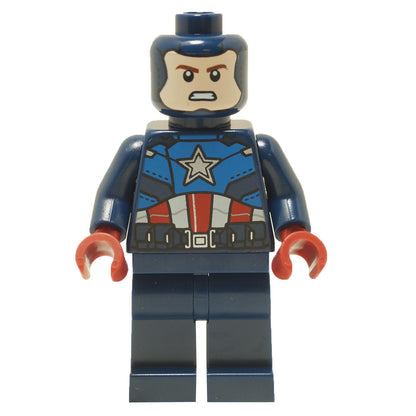 LEGO® Captain America minifigure sh0852 wearing a dark blue suit with star emblem, red gloves, and angry facial expression
