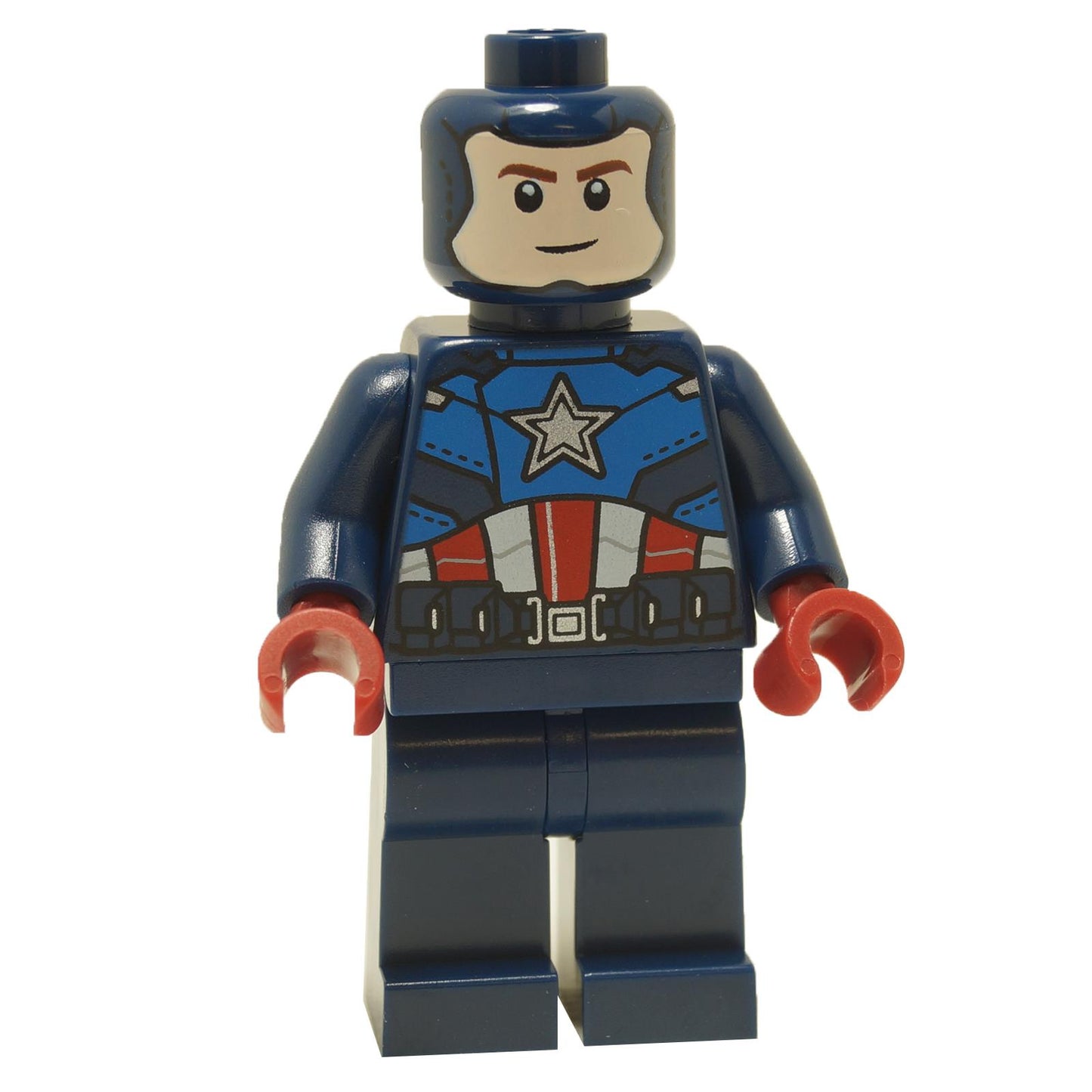 LEGO® Captain America minifigure sh0852 without helmet wearing a dark blue suit with star emblem and red gloves
