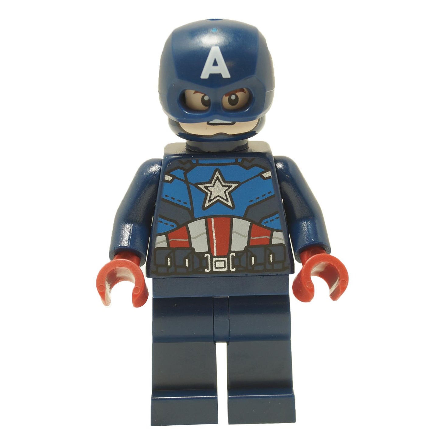 LEGO minifigure of Captain America in a dark blue suit with a star emblem, wearing a helmet, and red hands.