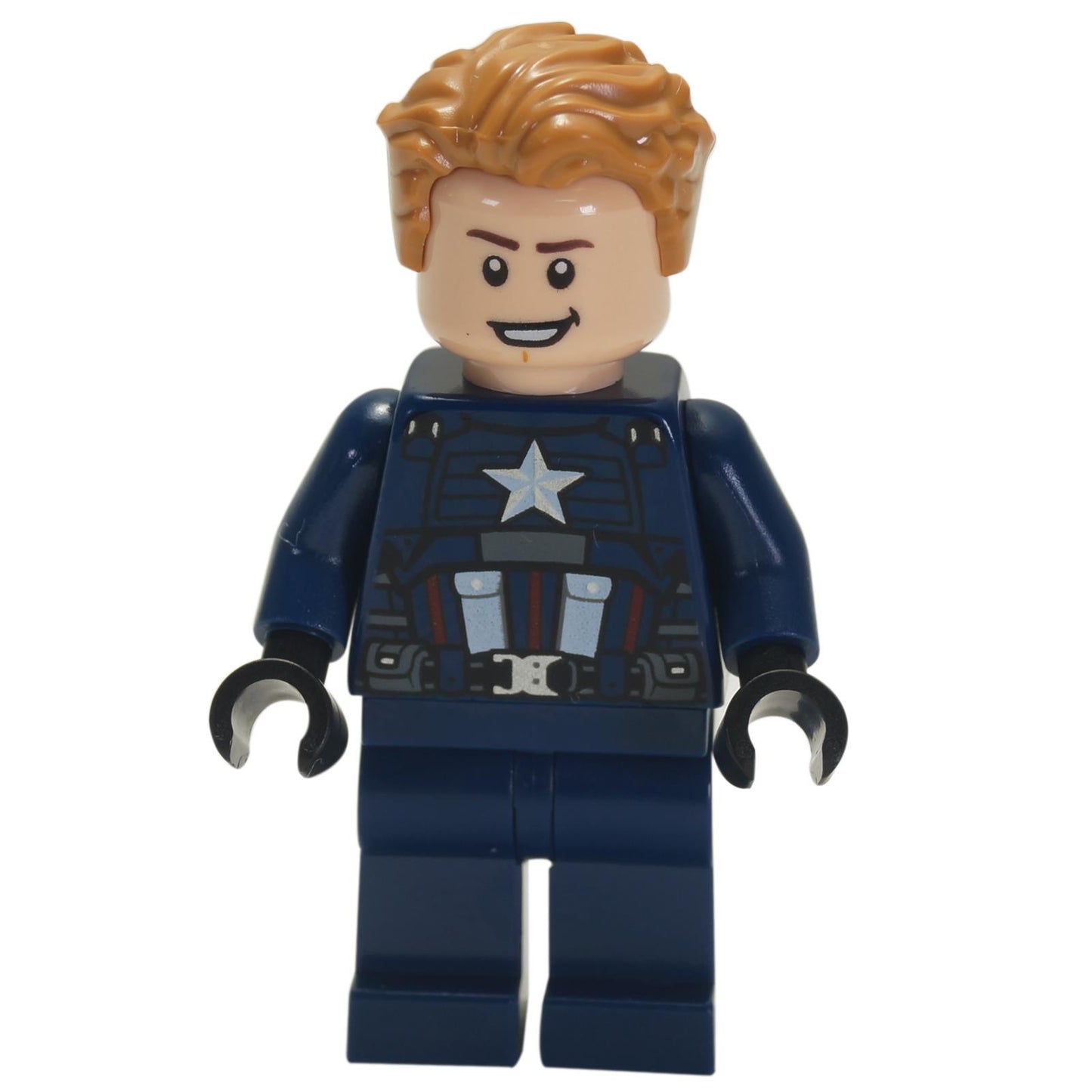 LEGO minifigure of Captain America in a dark blue suit with a star emblem on the chest, red and silver stripes, and black hands.