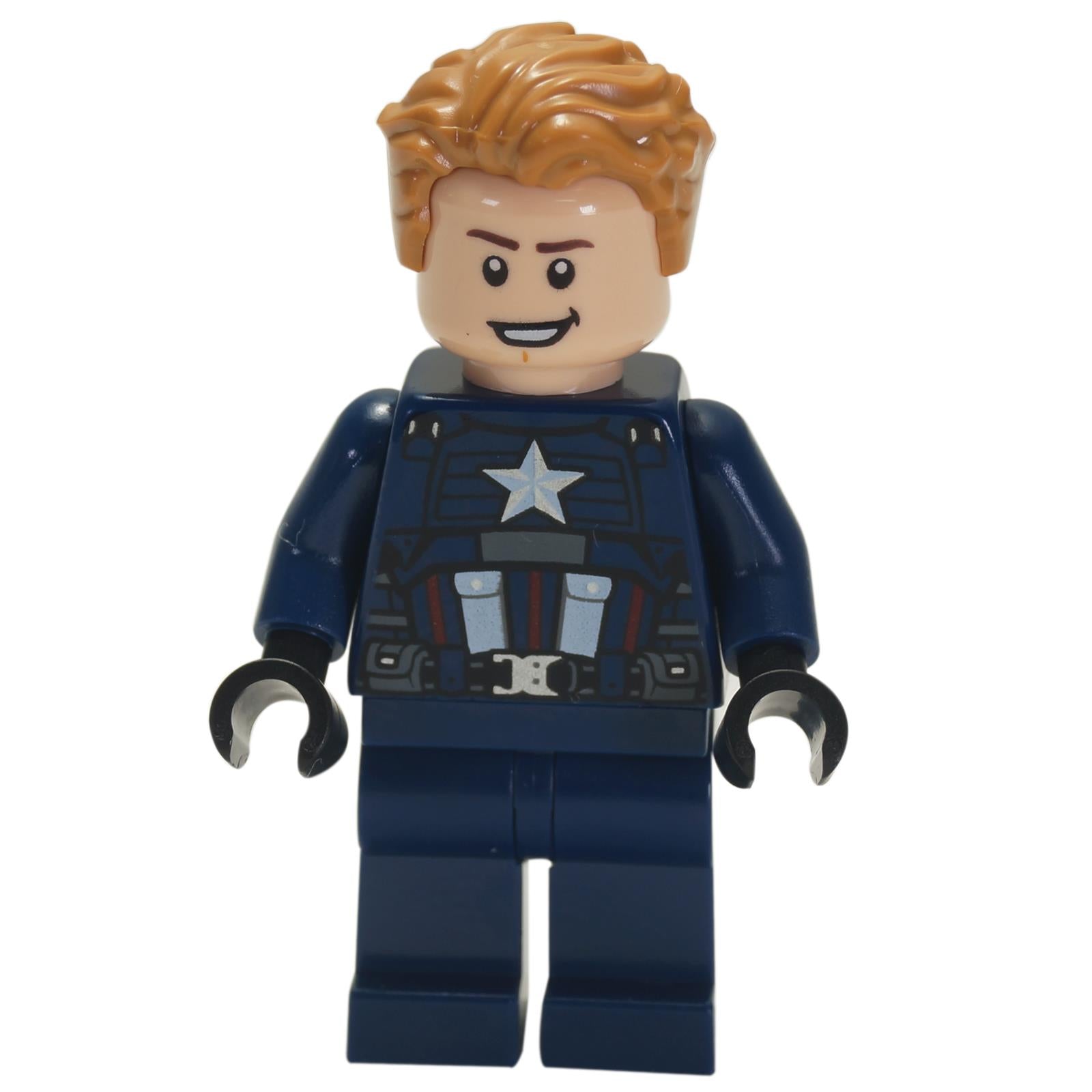 LEGO minifigure of Captain America in a dark blue suit with a star emblem on the chest, red and silver stripes, and black hands.