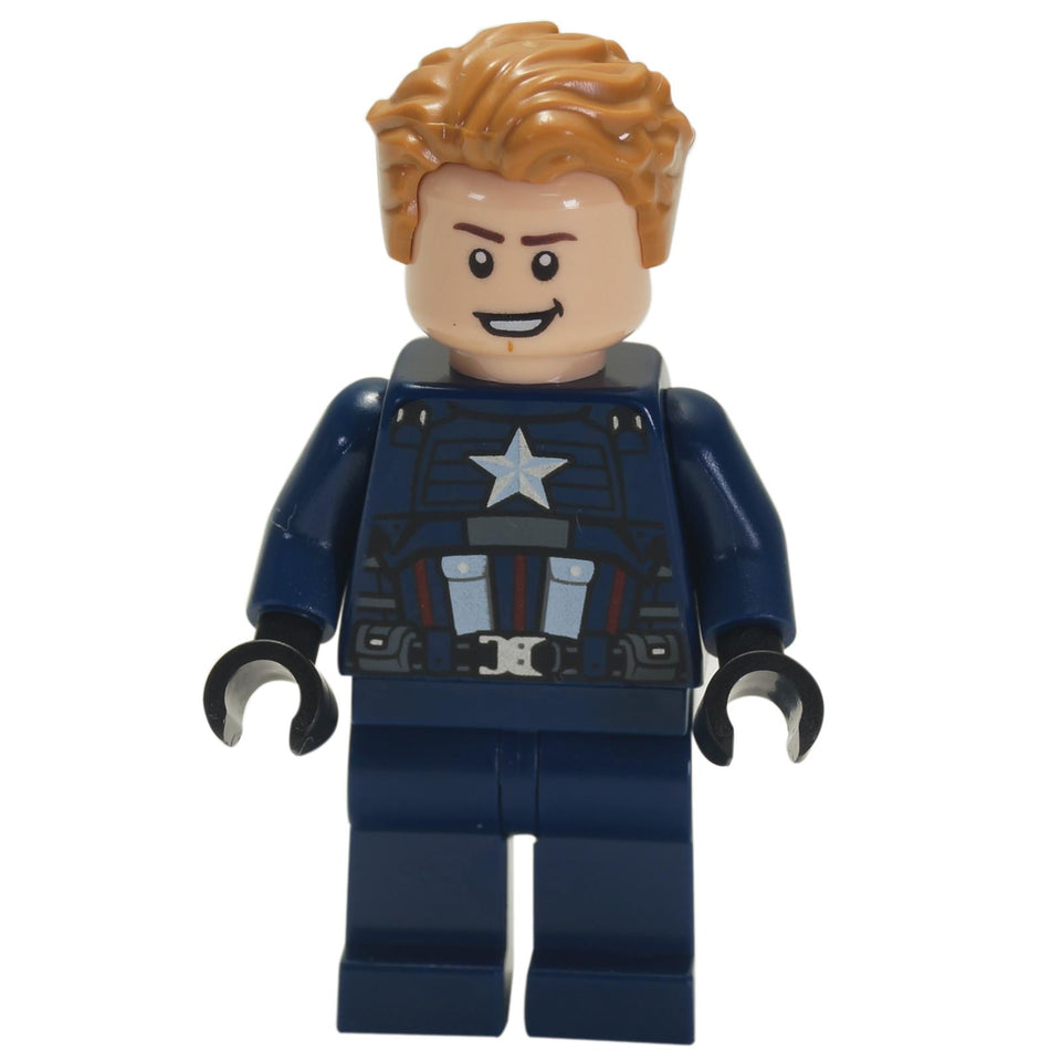 LEGO minifigure of Captain America in a dark blue suit with a star emblem on the chest, red and silver stripes, and black hands.
