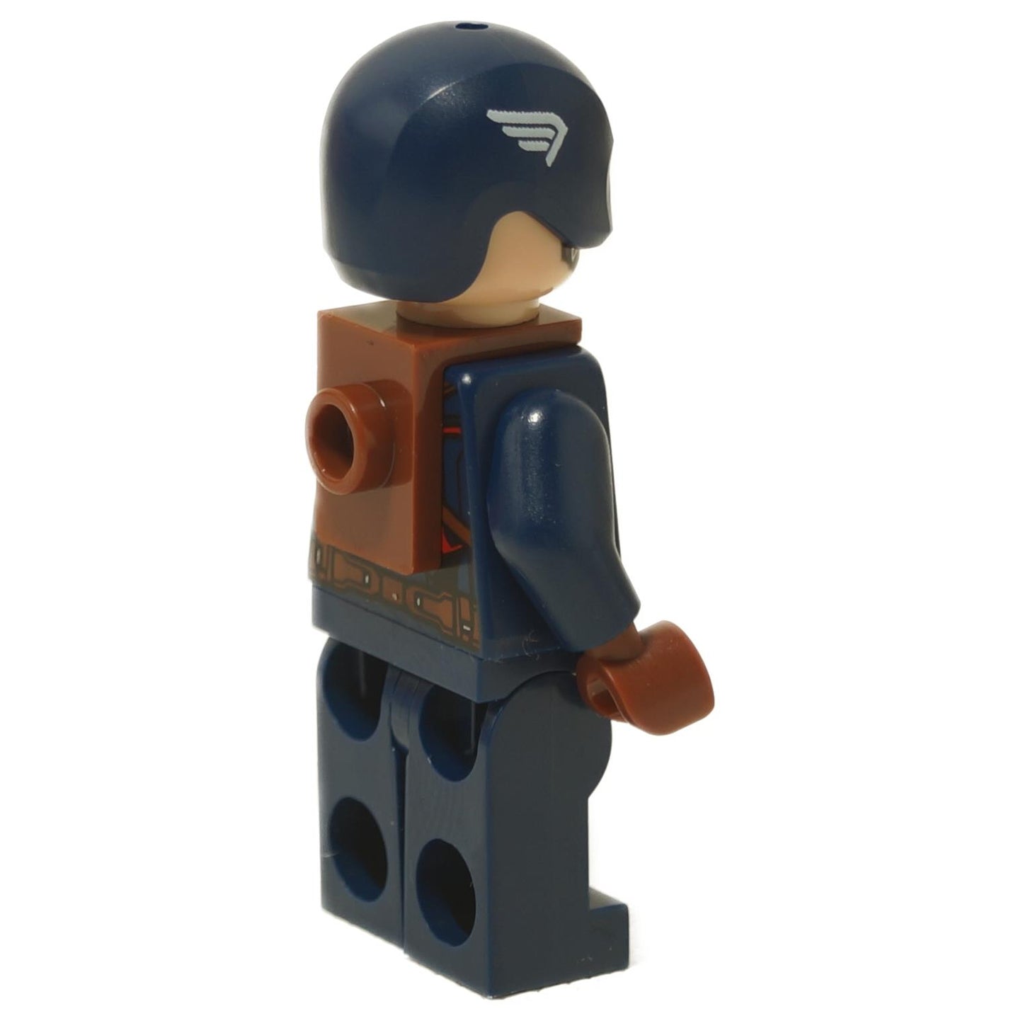 LEGO® Captain America minifigure sh0736 side back view showing dark blue helmet and brown harness detail close-up