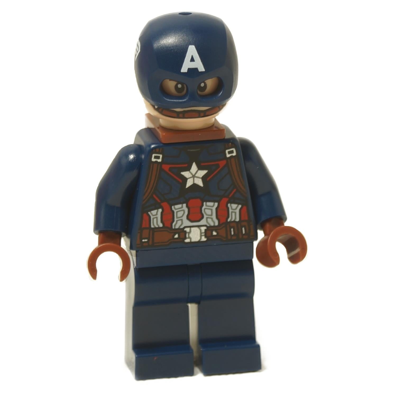 LEGO minifigure of Captain America in a dark blue suit with red accents and a helmet with a white 'A' on it, representing the Marvel Cinematic Universe.