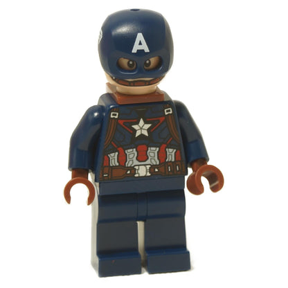 LEGO minifigure of Captain America in a dark blue suit with red accents and a helmet with a white 'A' on it, representing the Marvel Cinematic Universe.
