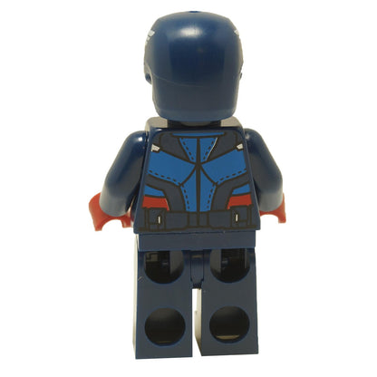 Back view of LEGO® Captain America minifigure sh0852 wearing a dark blue suit and helmet with red gloves
