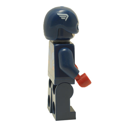 Side view of LEGO® Captain America minifigure sh0852 wearing a dark blue suit, helmet with A symbol, and red gloves
