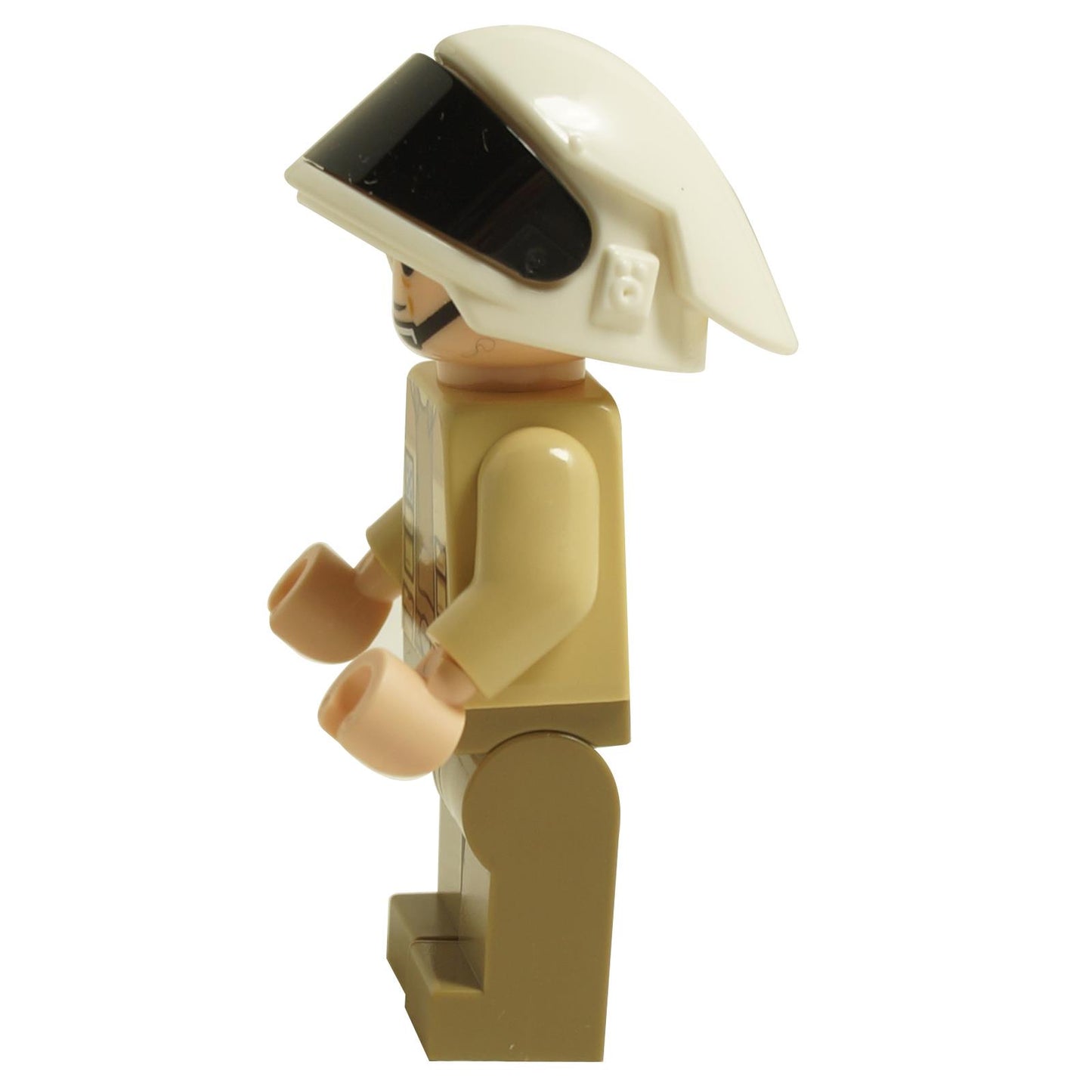 Side view of LEGO® Captain Antilles minifigure sw1328 wearing a tan rebel uniform and white helmet
