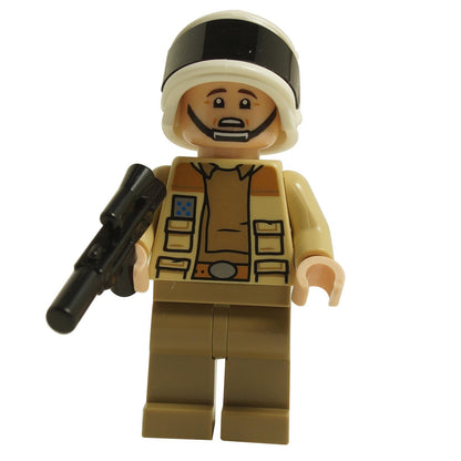 LEGO® Captain Antilles minifigure sw1328 wearing tan rebel uniform and white helmet holding a black blaster
