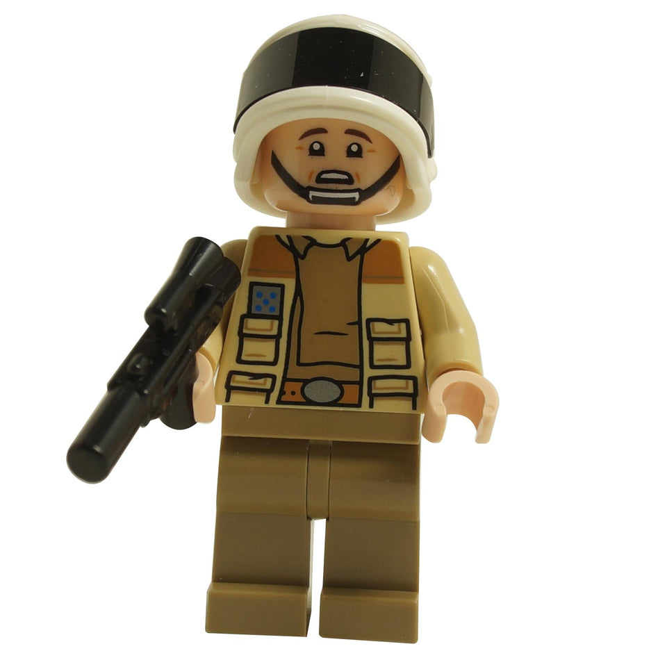 LEGO® Captain Antilles minifigure sw1328 wearing tan rebel uniform and white helmet holding a black blaster
