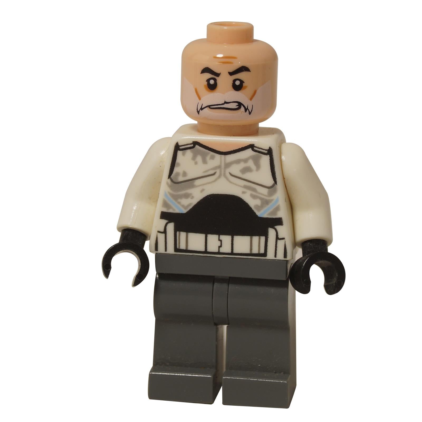 Front view of the LEGO® Star Wars minifigure of an old Captain Rex, showing his bald head with a white beard, and his weathered, partially stripped-down Clone Trooper armor torso.