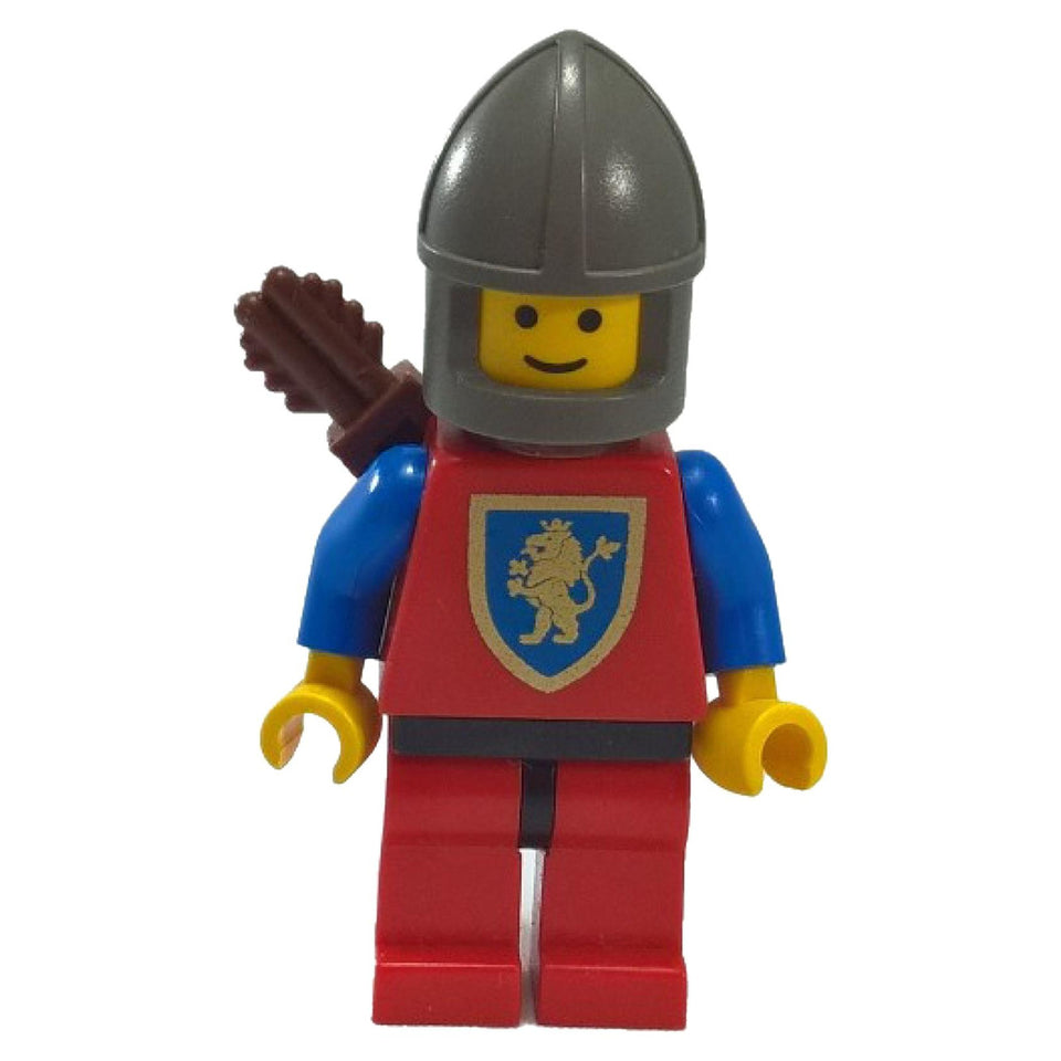 LEGO® Crusader Lion Knight minifigure with red legs, black hips, and a dark gray chin guard