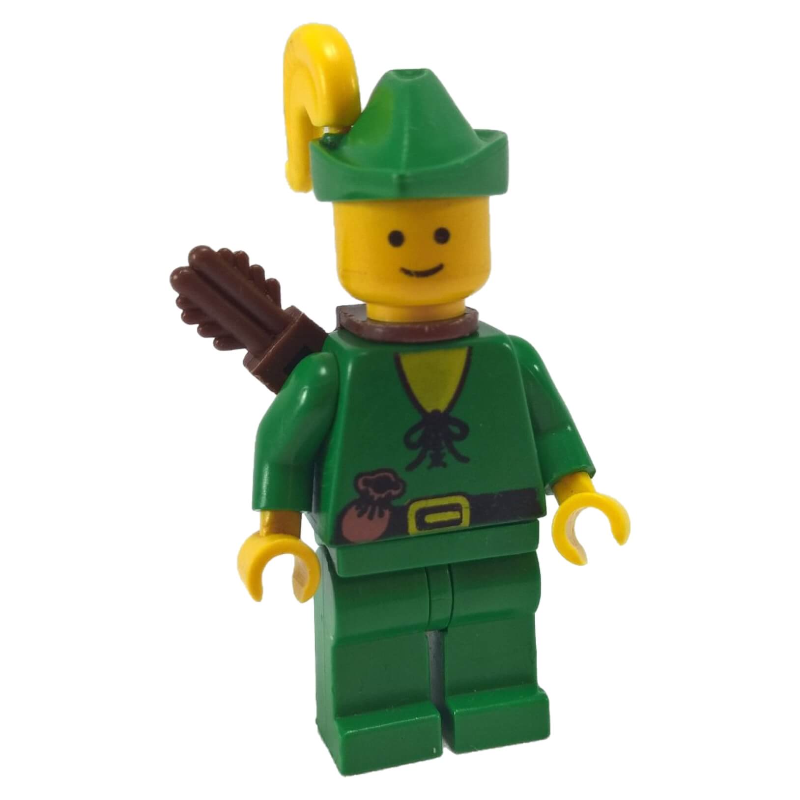 LEGO® Forestman minifigure wearing a green outfit with a printed brown belt and pouch, a green hat with a yellow plume, and a brown quiver on the back.