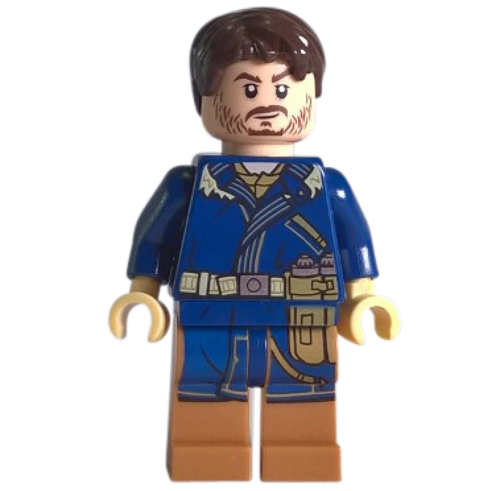Cassian Andor minifigure front view wearing dark blue coat, tan legs, utility belt print, and stubble face
