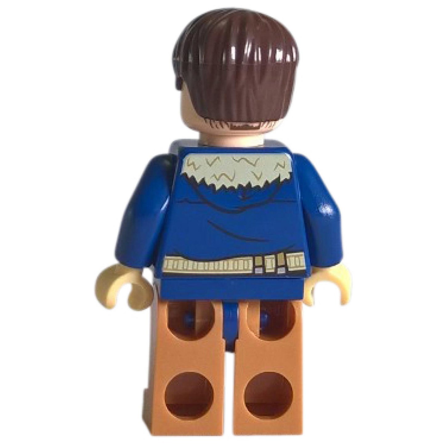 Cassian Andor minifigure back view wearing dark blue coat, tan legs, utility belt print, and stubble face