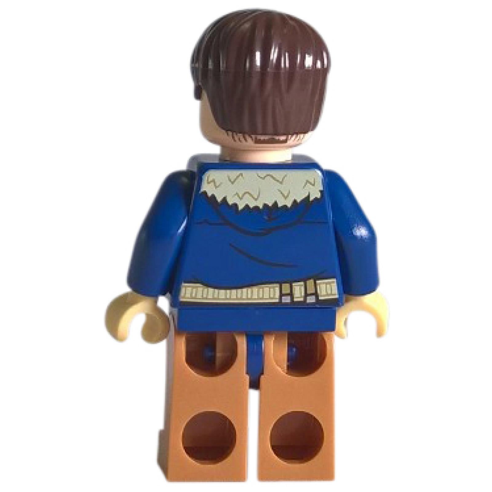 Cassian Andor minifigure back view wearing dark blue coat, tan legs, utility belt print, and stubble face