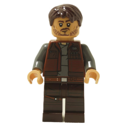 Cassian Andor minifigure front view with reddish brown vest, dark brown legs, and printed torso
