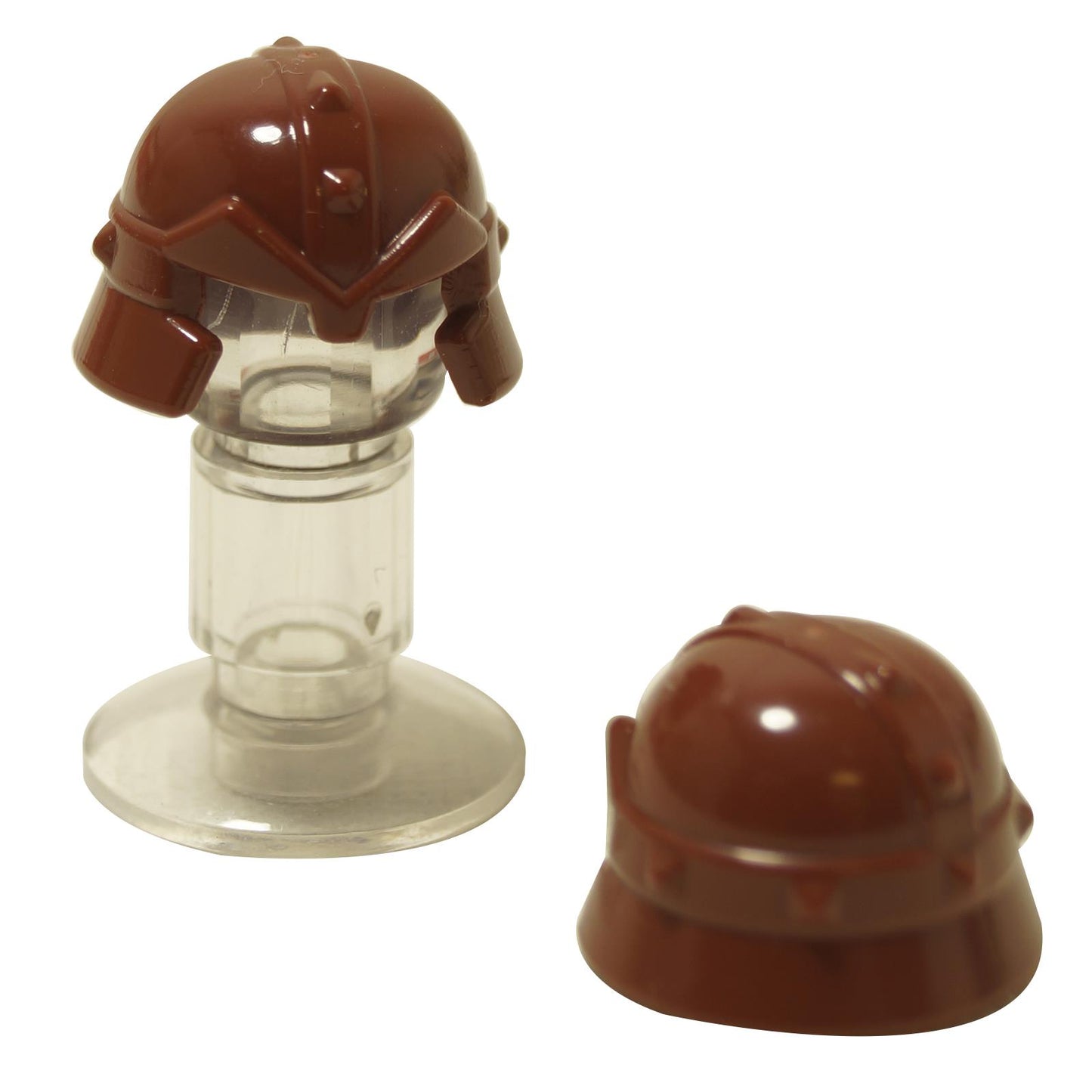 Reddish brown castle helmet with cheek protection and studded bands dwarf style
