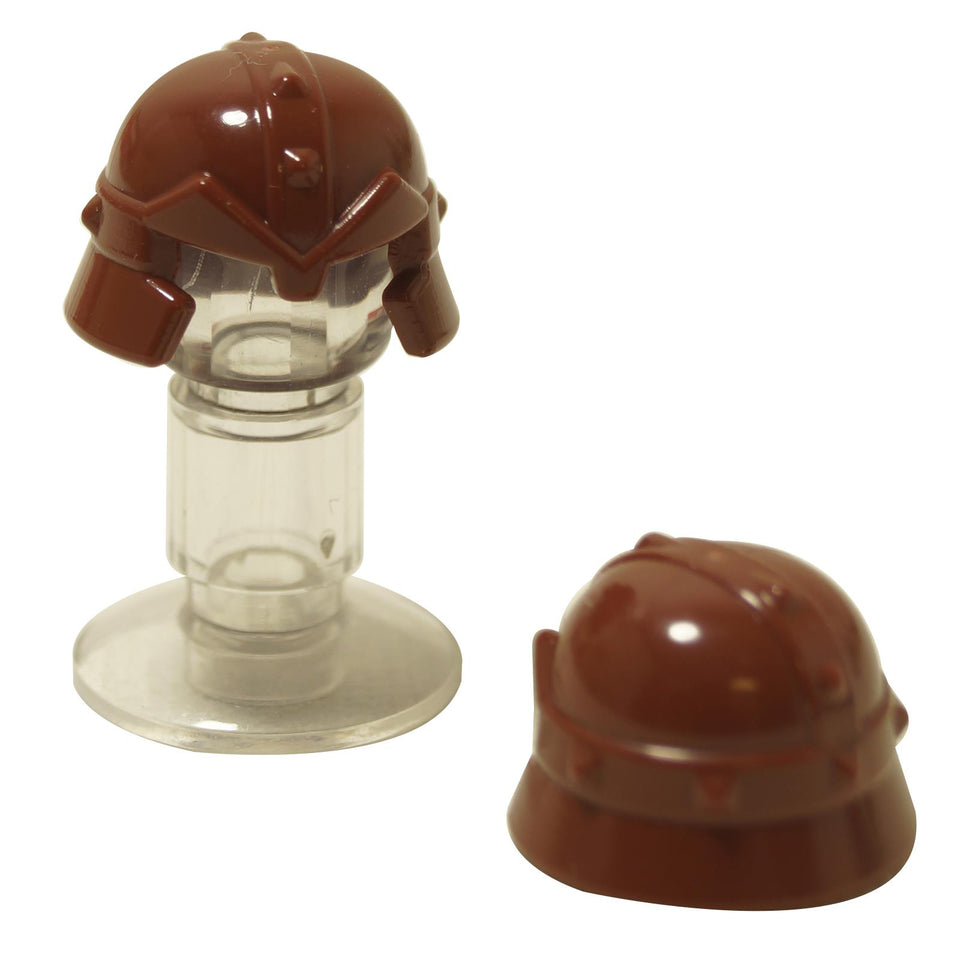 Reddish brown castle helmet with cheek protection and studded bands dwarf style
