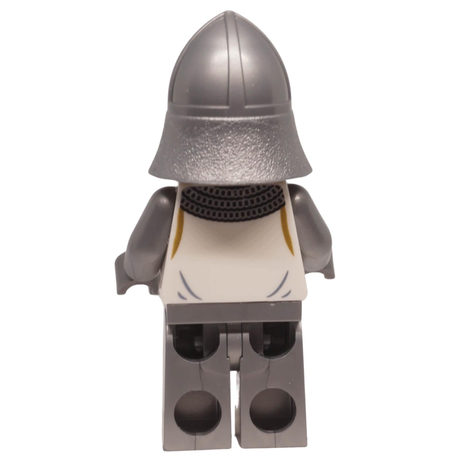 LEGO castle knight minifigure cas591 with horse crest torso, metallic arms, and helmet. From Haunted Mansion set, ideal for medieval displays. Back profile.