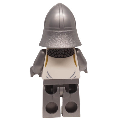 LEGO castle knight minifigure cas591 with horse crest torso, metallic arms, and helmet. From Haunted Mansion set, ideal for medieval displays. Back profile.