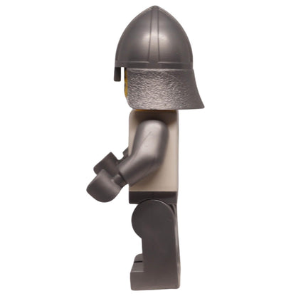 LEGO castle knight minifigure cas591 with horse crest torso, metallic arms, and helmet. From Haunted Mansion set, ideal for medieval displays. Side profile