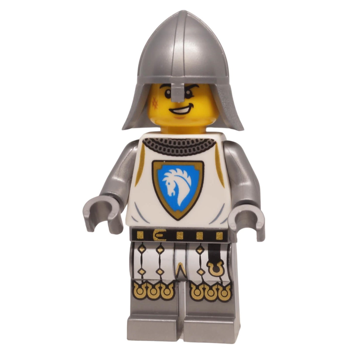 LEGO castle knight minifigure cas591 with horse crest torso, metallic arms, and helmet. From Haunted Mansion set, ideal for medieval displays.
