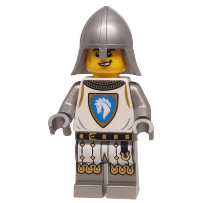LEGO castle knight minifigure cas591 with horse crest torso, metallic arms, and helmet. From Haunted Mansion set, ideal for medieval displays.