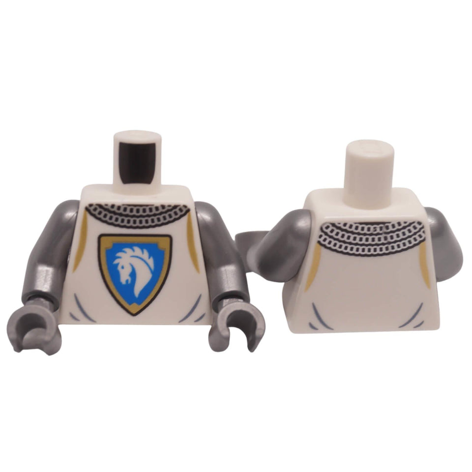 LEGO® castle surcoat torso 973pb6227c01 showing front horse shield emblem and back chain mail collar detailing