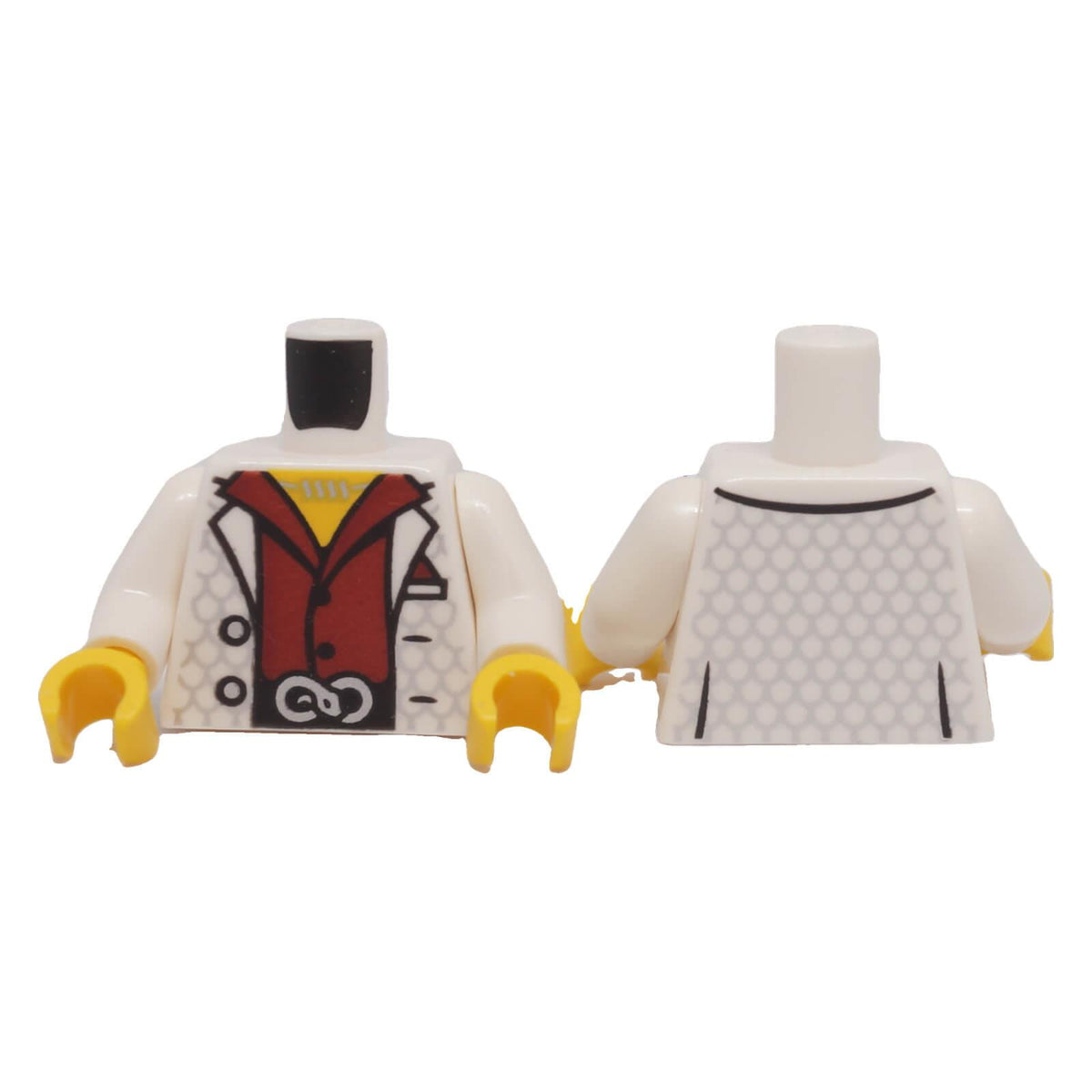 LEGO® white castle torso with dark red vest, silver scallop pattern, buttons and black belt
