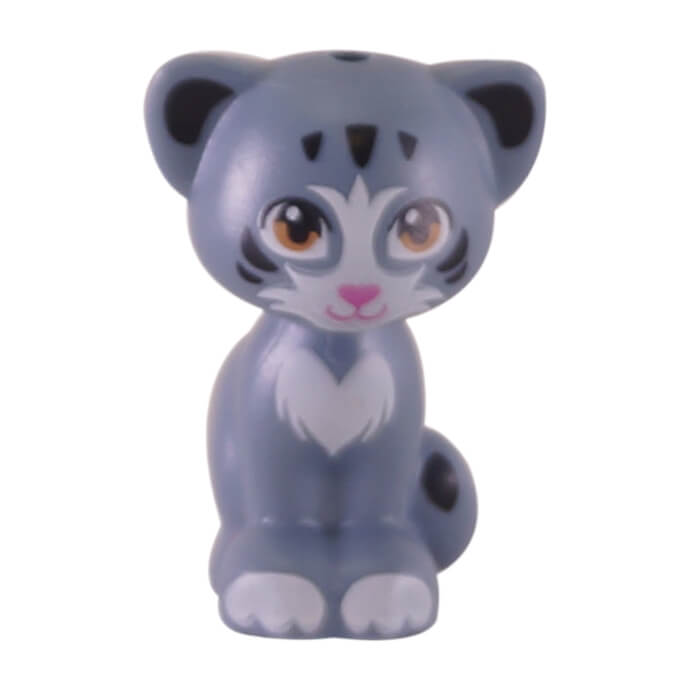 LEGO® Friends cat figure 'Chico' (11602pb04) in sand blue, featuring printed orange eyes, a pink nose, and white patches on its face and chest.