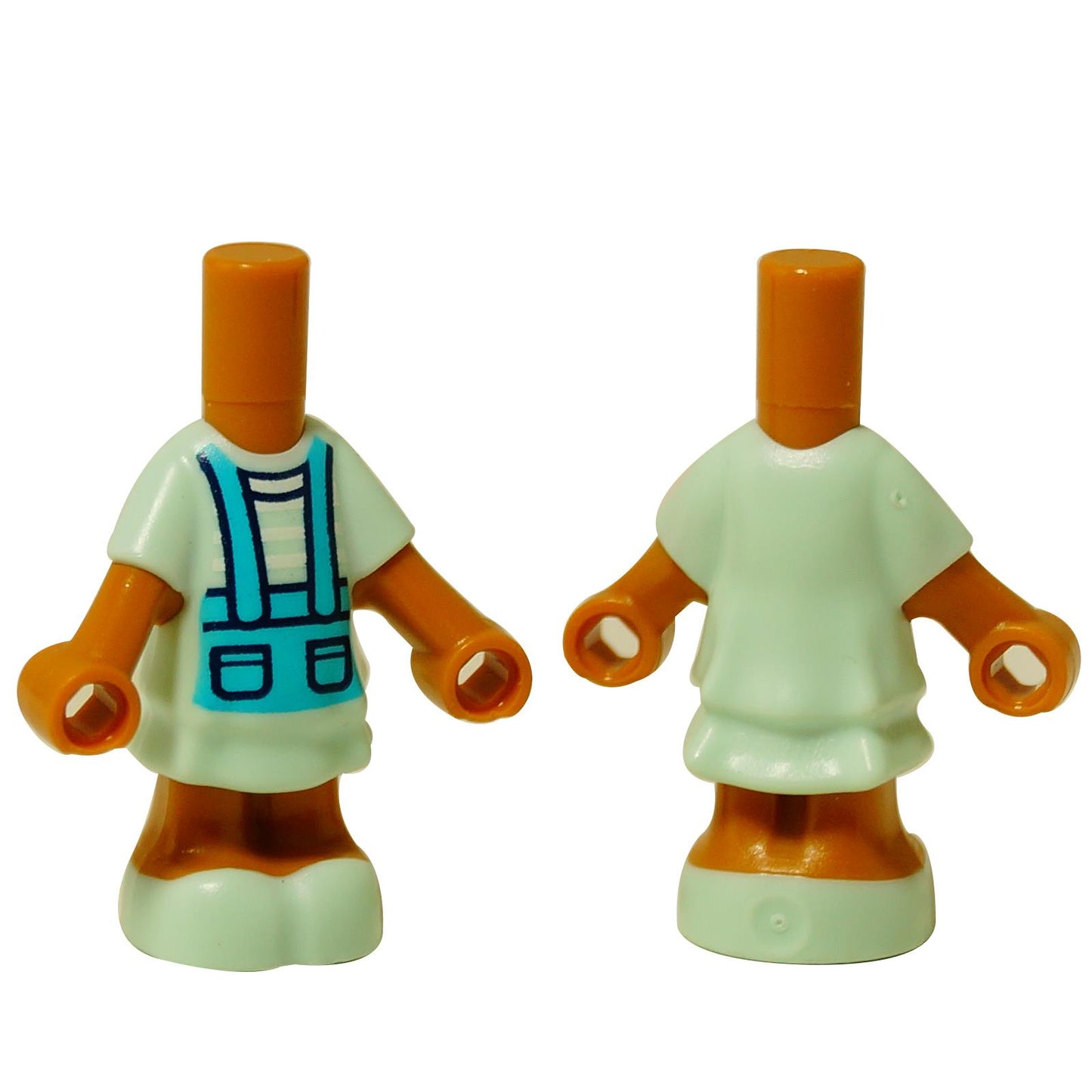 Vista frontal del cuerpo de mini-muñeca LEGO (67072) en aqua claro con estampado de tirantes azules y brazos naranjas.