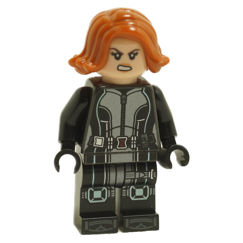 LEGO Black Widow minifigure, black jumpsuit and orange hair, front view